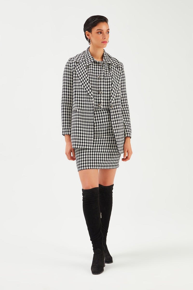 SATEEN Houndstooth Patterned Mini Skirt - Black  - Image 3