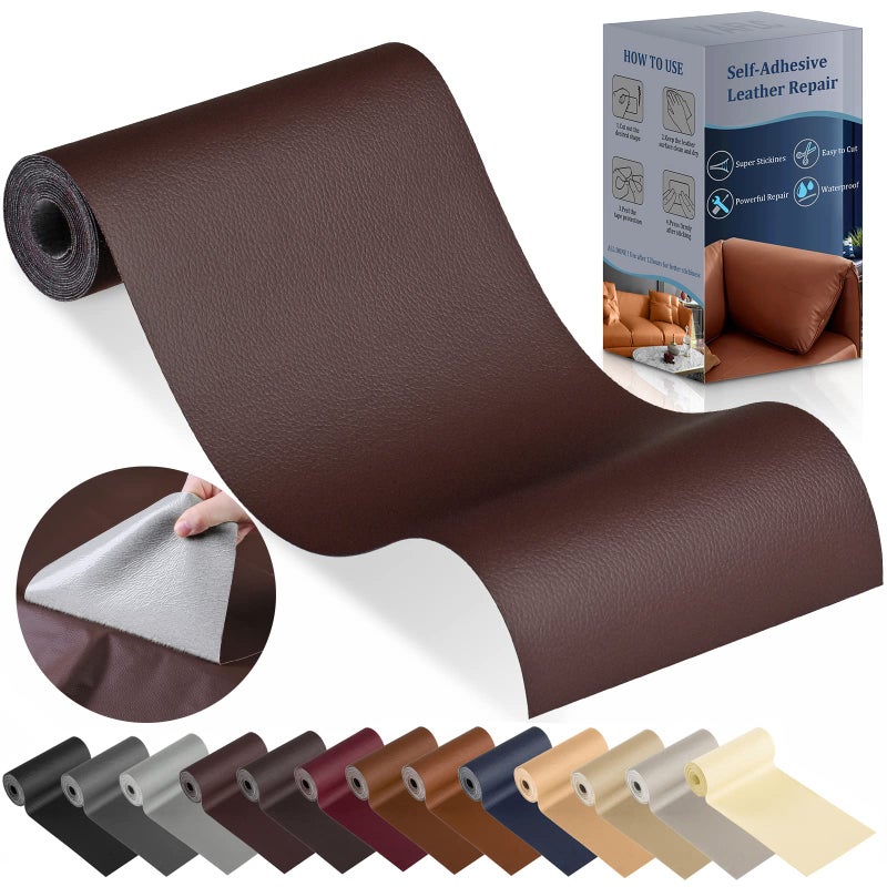 YAFLC Leather Repair Patch for Furniture, 4" x 63" Self Adhesive Leather Repair Kit Vinyl Repair Tape for Car Seat Sofa Jackets Couches Chair Brown - Image 1