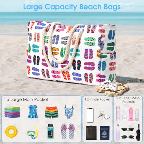 Becokan Beach Bags for Women Large Waterproof Sandproof Beach Tote Swim Pool Bag with Zipper - Image 5