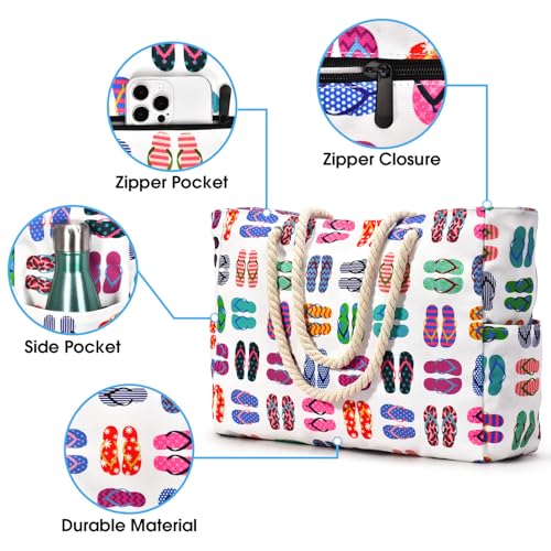 Becokan Beach Bags for Women Large Waterproof Sandproof Beach Tote Swim Pool Bag with Zipper - Image 2