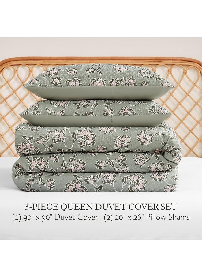 Jessica Simpson - Jessica Simpson Botanical Embossed Sage Green Duvet Cover Set Queen/Full Size Bedding Set Ensemble - 3 Piece Set - Image 1