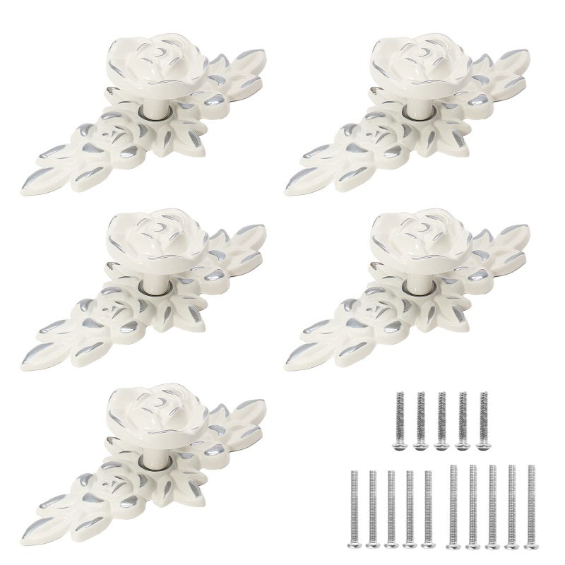 Uenhoy 5 Pcs Rose Cabinet Knobs with Backplate, Vintage Floral Drawer Knob Pulls, Zinc Alloy Rose Flower Drawer Pull Handles for Cabinets and Dresser - 4 Inch, Ivory White with Silver Trim - Image 1