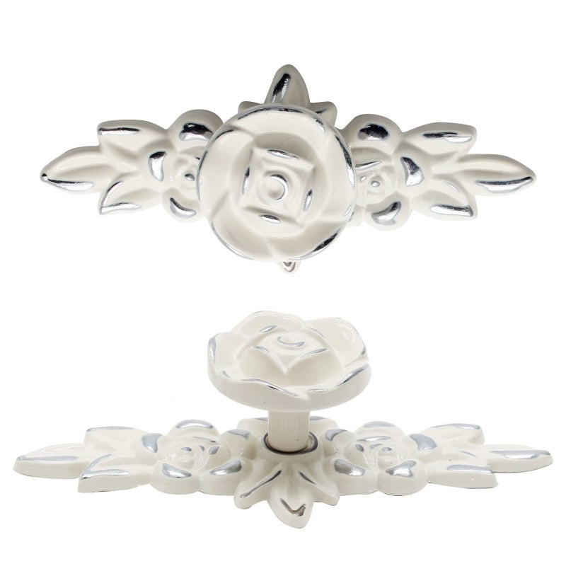 Uenhoy 5 Pcs Rose Cabinet Knobs with Backplate, Vintage Floral Drawer Knob Pulls, Zinc Alloy Rose Flower Drawer Pull Handles for Cabinets and Dresser - 4 Inch, Ivory White with Silver Trim - Image 5