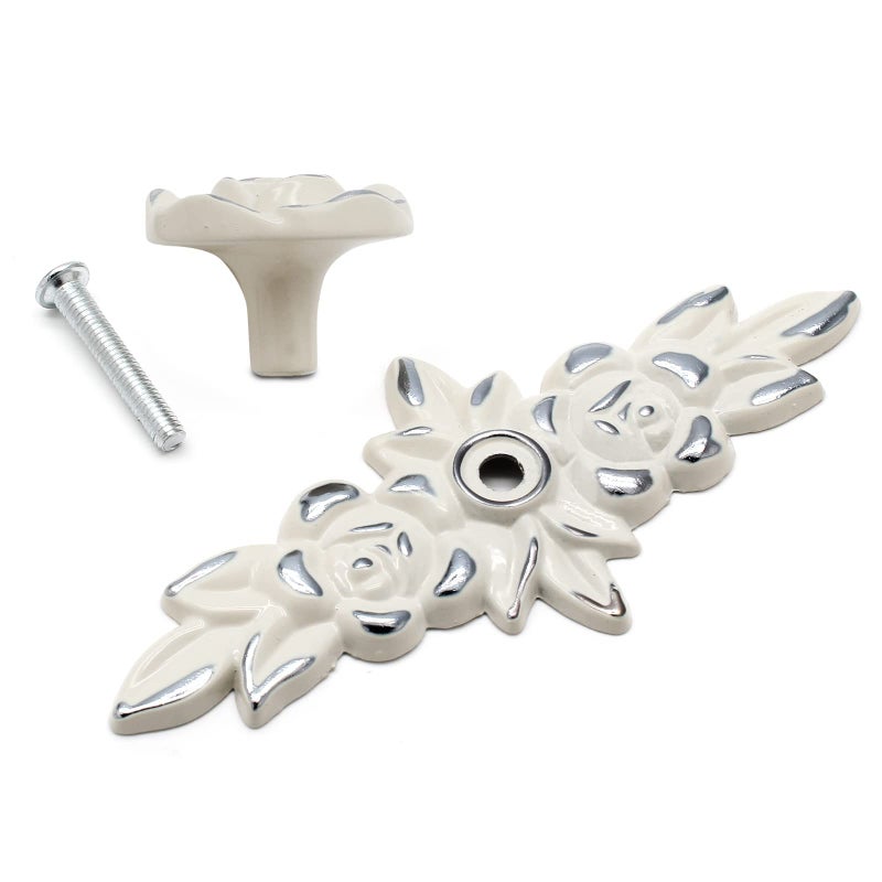 Uenhoy 5 Pcs Rose Cabinet Knobs with Backplate, Vintage Floral Drawer Knob Pulls, Zinc Alloy Rose Flower Drawer Pull Handles for Cabinets and Dresser - 4 Inch, Ivory White with Silver Trim - Image 4