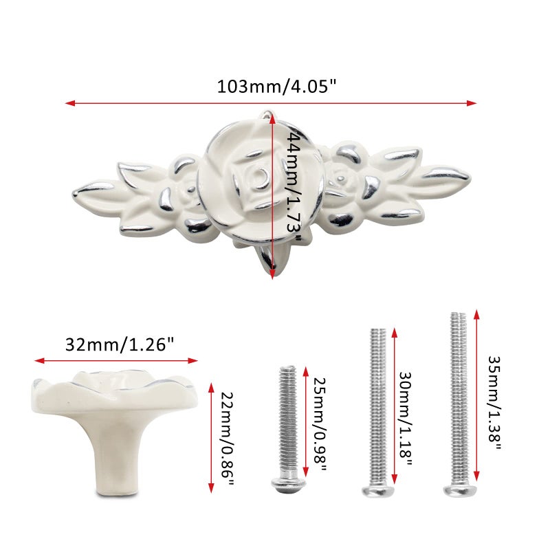 Uenhoy 5 Pcs Rose Cabinet Knobs with Backplate, Vintage Floral Drawer Knob Pulls, Zinc Alloy Rose Flower Drawer Pull Handles for Cabinets and Dresser - 4 Inch, Ivory White with Silver Trim - Image 3