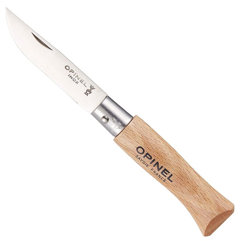 Opinel سكين أوبينيل القابلة للطي من الفولاذ المقاوم للصدأ INOX، مقبض من خشب الزان، أحجام أصغر من رقم 02 إلى رقم 05، صنع في فرنسا (رقم 04) - Image 1