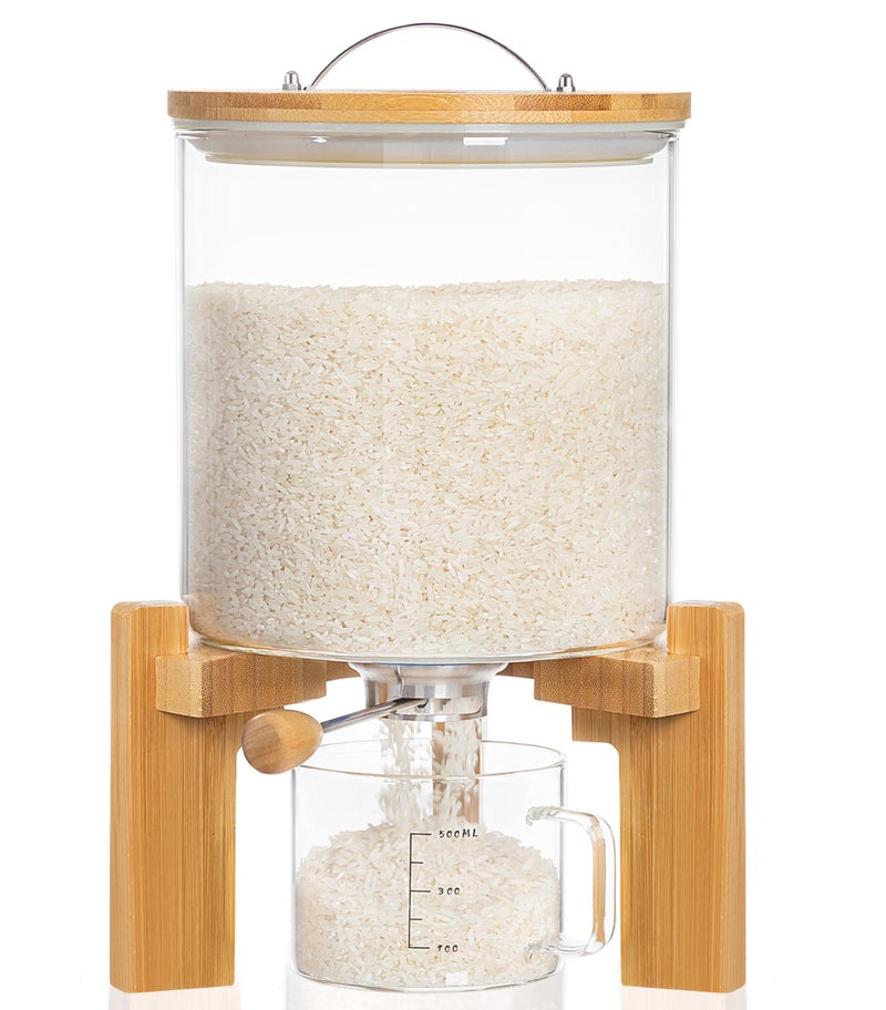 HBlife 810 Lbs Glass Rice Dispenser with Wooden Stand Flour and Cereal Container with Glass Measuring Cup Pantry Food Organization Storage Bin with Airtight Bamboo Lid 5L