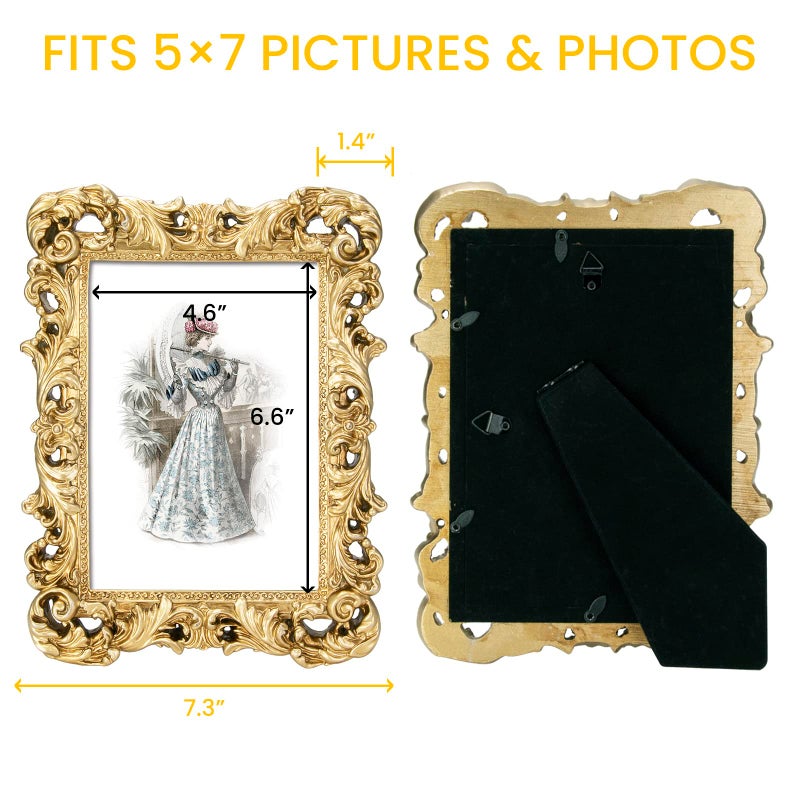GUOER GUOER 5x7 Picture Frames Vintage Photo Frame with Glass Front Antique Picture Frame for Tabletop Wall Hanging (5x7  Light Golden)  - Image 2