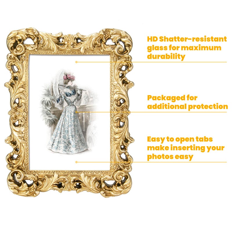 GUOER GUOER 5x7 Picture Frames Vintage Photo Frame with Glass Front Antique Picture Frame for Tabletop Wall Hanging (5x7  Light Golden)  - Image 5