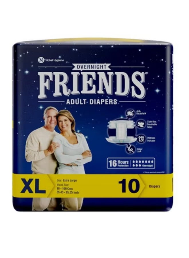 Friends Overnight Adult Diapers Tape Style - 10 Count (Extra Large) with odour lock, Unisex, Leakproof and Anti-Bacterial Absorbent Core - Waist Size 32.68-59.84 inch; 83-152 cm - Image 1