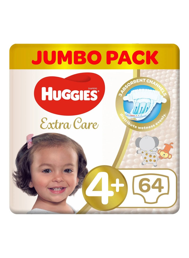 HUGGIES حفاضات هاجيز إكسترا كير بتصميم الشريط، 64 قطعة عبوة كبيرة، الحجم 4+، 10-16 كجم - حماية لمدة 12 ساعة، معتمدة من أطباء الجلد، قابلة للتنفس