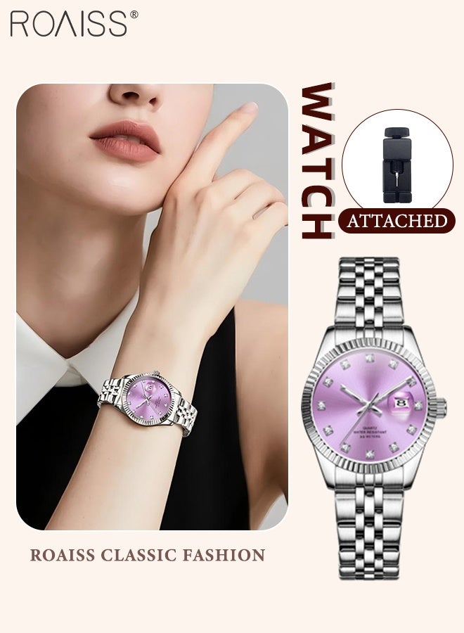 roaiss Stylish Steel Band Quartz Watch for Women, Analog Display Purple Round Dial with Calendar Display, Luxury Luminous Waterproof Wristwatch with Rhinestone Decoration, As Gift for Ladies - Image 1