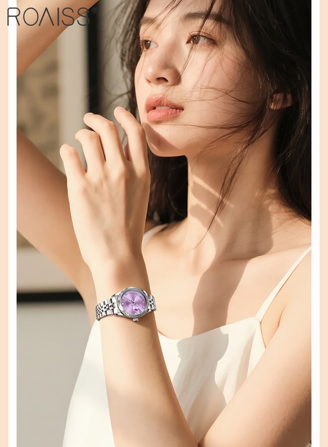 roaiss Stylish Steel Band Quartz Watch for Women, Analog Display Purple Round Dial with Calendar Display, Luxury Luminous Waterproof Wristwatch with Rhinestone Decoration, As Gift for Ladies - Image 2