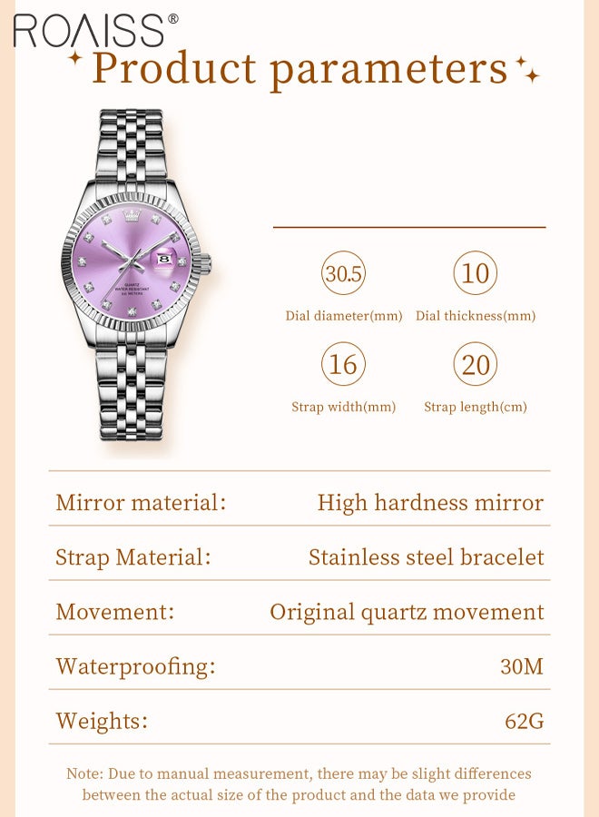 roaiss Stylish Steel Band Quartz Watch for Women, Analog Display Purple Round Dial with Calendar Display, Luxury Luminous Waterproof Wristwatch with Rhinestone Decoration, As Gift for Ladies - Image 4