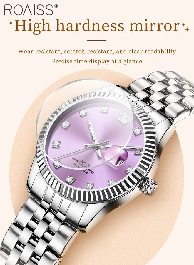 roaiss Stylish Steel Band Quartz Watch for Women, Analog Display Purple Round Dial with Calendar Display, Luxury Luminous Waterproof Wristwatch with Rhinestone Decoration, As Gift for Ladies - Image 3