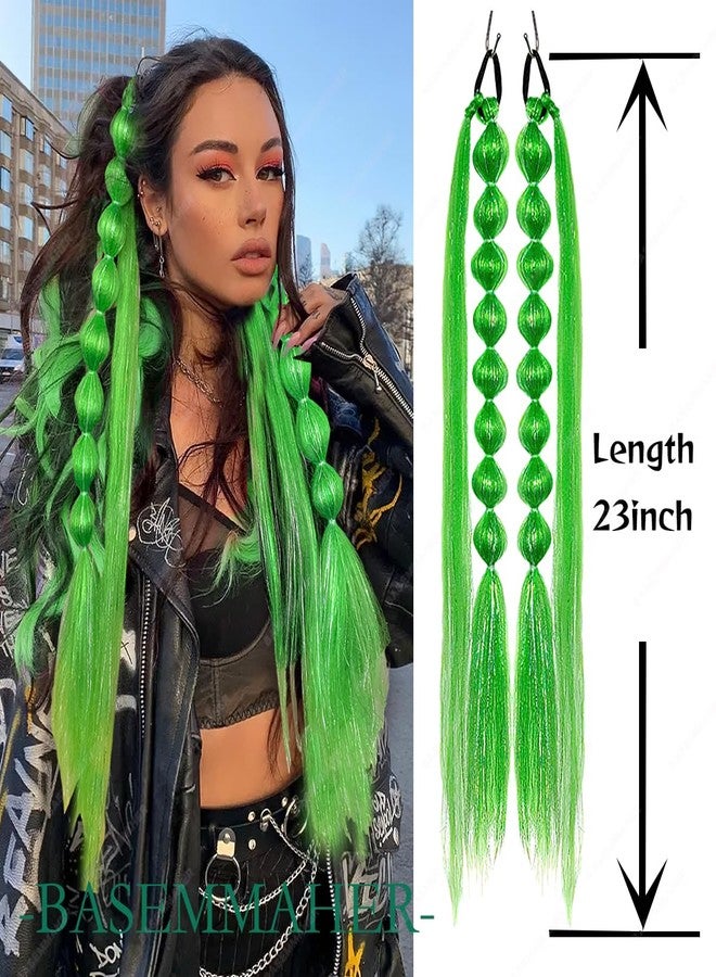 بيسماهير ربطات شعر BASEMMAHER اللامعة بتصميم ضفائر الفقاعات باللون الأخضر الفانوسي للنساء والفتيات، ربطات شعر سوداء، وصلات شعر ذيل حصان، شعر مضفر مسبقًا بطول 23 بوصة، ضفائر من ألياف صناعية لامعة، عبوة من قطعتين - Image 3