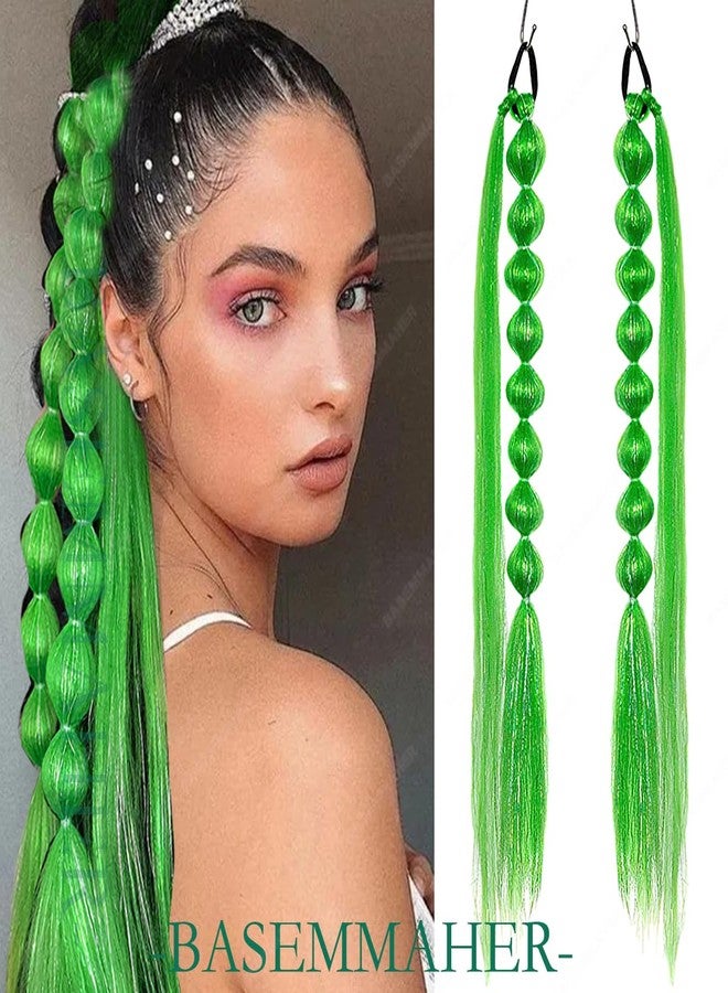 بيسماهير ربطات شعر BASEMMAHER اللامعة بتصميم ضفائر الفقاعات باللون الأخضر الفانوسي للنساء والفتيات، ربطات شعر سوداء، وصلات شعر ذيل حصان، شعر مضفر مسبقًا بطول 23 بوصة، ضفائر من ألياف صناعية لامعة، عبوة من قطعتين - Image 4