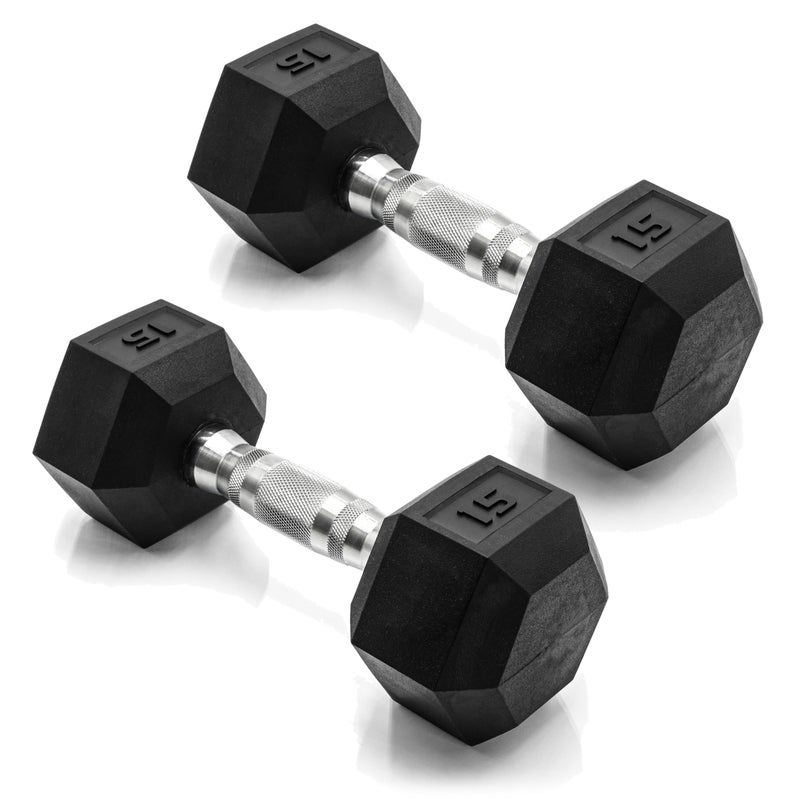 CAP Barbell 15 LB Rubber Coated Hex Dumbbell Hand Weight - Pair | Chrome Handle - Image 1