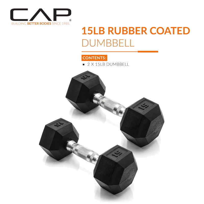 CAP Barbell 15 LB Rubber Coated Hex Dumbbell Hand Weight - Pair | Chrome Handle - Image 2