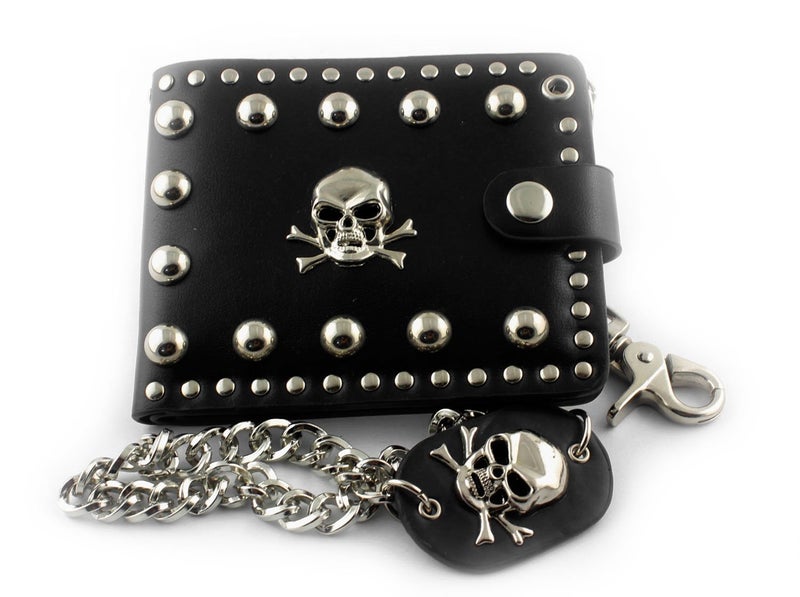 vogueteen Men's skull Biker Punk studded Leather Wallet with a Jeans Long Key chain - Image 1