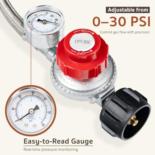 GASPRO 0-30 PSI Adjustable High Pressure Propane Regulator with Gauge, 5-Foot Stainless Braided Hose, Perfect for Turkey Fryer, Gas Burner, Fire Pit - Image 2