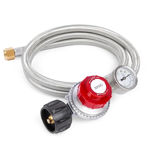 GASPRO 0-30 PSI Adjustable High Pressure Propane Regulator with Gauge, 5-Foot Stainless Braided Hose, Perfect for Turkey Fryer, Gas Burner, Fire Pit - Image 1