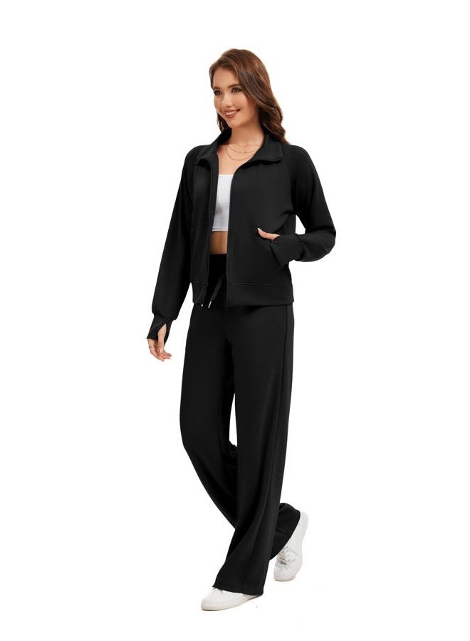 SIXSTAR Women Two Piece Outfits Sweatsuit Zip Up Sweatshirt Wide Leg Sweatpant Matching Travel Tracksuit Lounge Sets, Black, L - Image 5