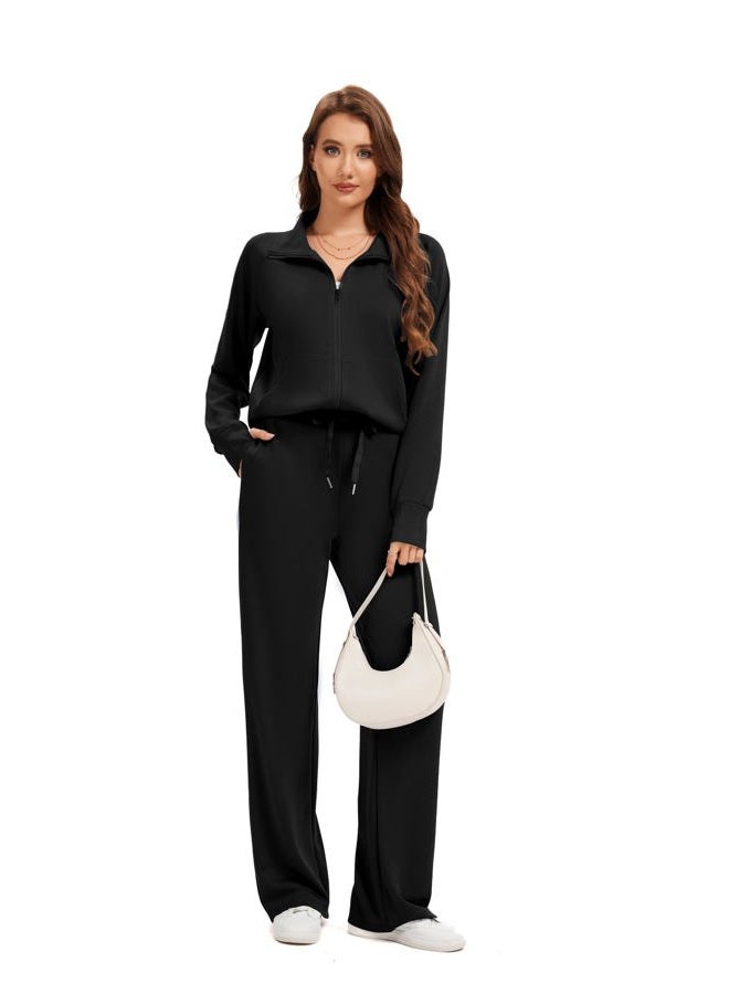 SIXSTAR Women Two Piece Outfits Sweatsuit Zip Up Sweatshirt Wide Leg Sweatpant Matching Travel Tracksuit Lounge Sets, Black, L - Image 2
