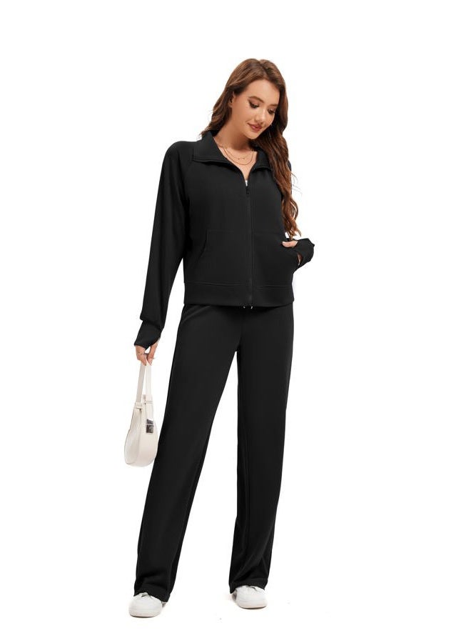 SIXSTAR Women Two Piece Outfits Sweatsuit Zip Up Sweatshirt Wide Leg Sweatpant Matching Travel Tracksuit Lounge Sets, Black, L - Image 3