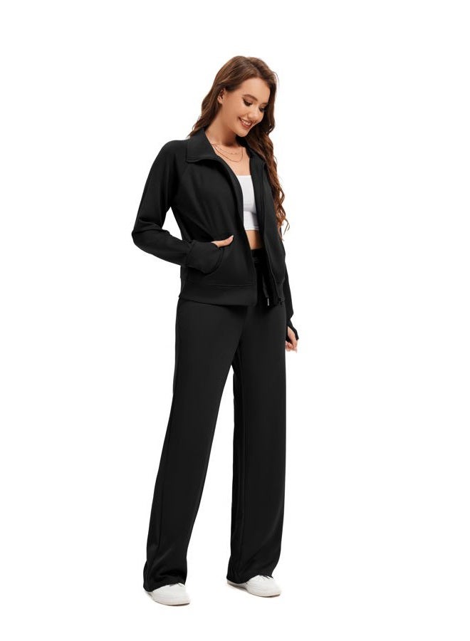 SIXSTAR Women Two Piece Outfits Sweatsuit Zip Up Sweatshirt Wide Leg Sweatpant Matching Travel Tracksuit Lounge Sets, Black, L - Image 4