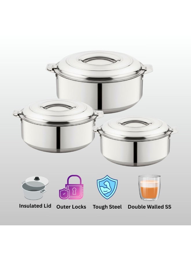 TSUMAB Stainless Steel Insulated Casserole Set with Lid | Double Wall PU Insulated Hot Pot Set | Food Grade Serving Bowls for Chapati, Rice, Curry & Biryani | Set of 3 (1L + 1.5L + 2.5L) - Image 3