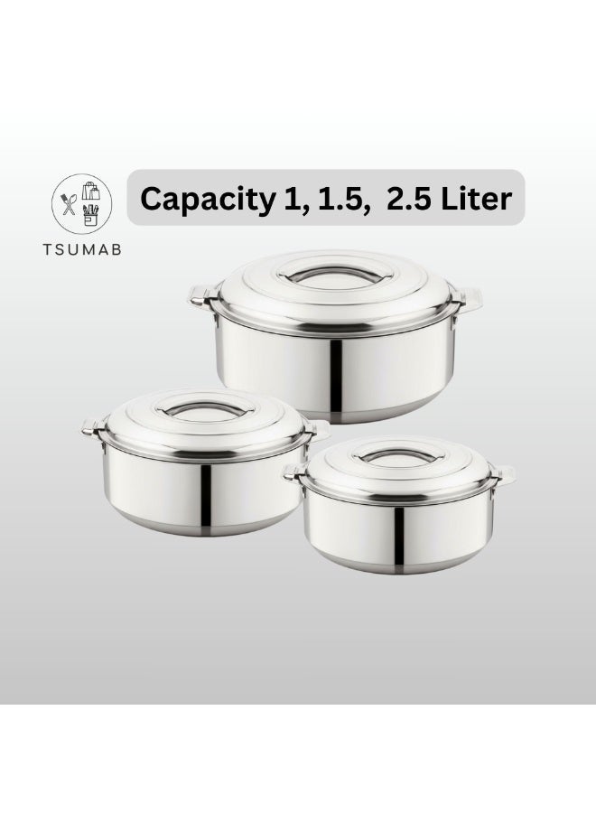 TSUMAB Stainless Steel Insulated Casserole Set with Lid | Double Wall PU Insulated Hot Pot Set | Food Grade Serving Bowls for Chapati, Rice, Curry & Biryani | Set of 3 (1L + 1.5L + 2.5L) - Image 2