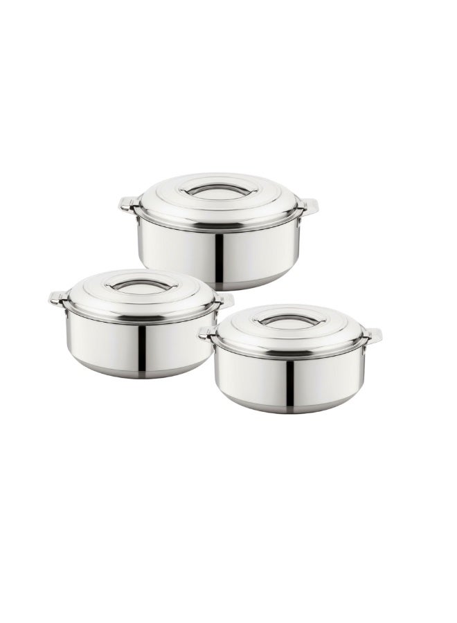 TSUMAB Stainless Steel Insulated Casserole Set with Lid | Double Wall PU Insulated Hot Pot Set | Food Grade Serving Bowls for Chapati, Rice, Curry & Biryani | Set of 3 (1L + 1.5L + 2.5L) - Image 1