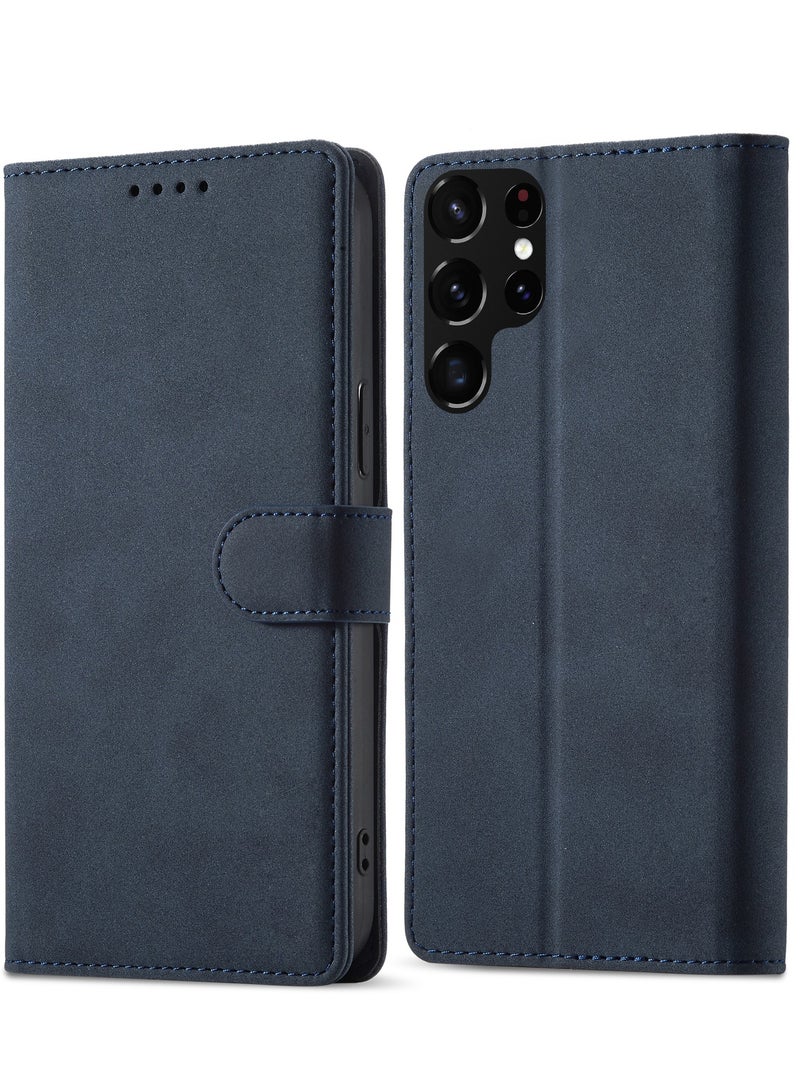 Compatible With Samsung Galaxy S23 Ultra Wallet Case,[RFID Blocking] 3 Card Holder Stand [Shockproof TPU Interior Case] PU Leather Magnetic Protective Flip Cover For Samsung Galaxy S23 Ultra (Blue）