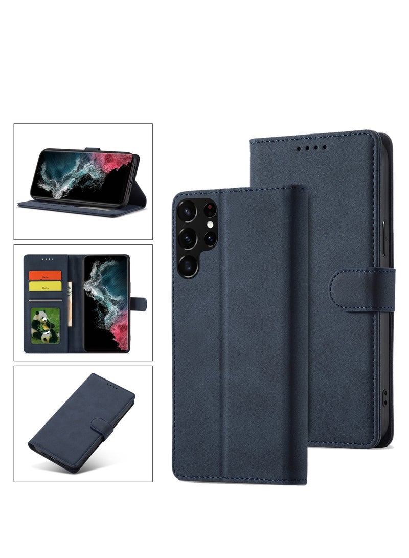 Compatible With Samsung Galaxy S23 Ultra Wallet Case,[RFID Blocking] 3 Card Holder Stand [Shockproof TPU Interior Case] PU Leather Magnetic Protective Flip Cover For Samsung Galaxy S23 Ultra (Blue）