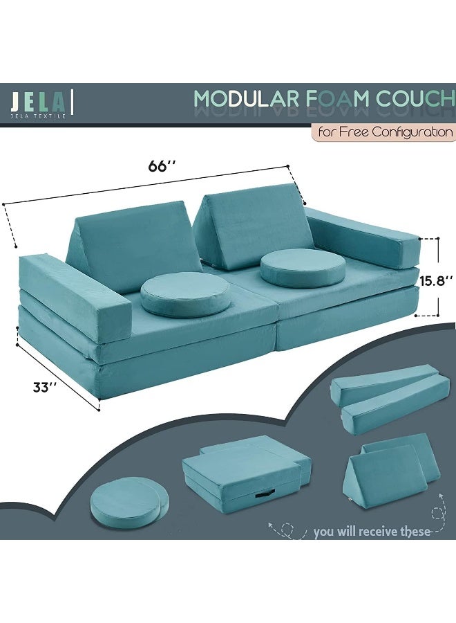 jela jela Kids Couch 10PCS, Floor Couch Floor Sofa Modular Furniture for Kids and Adults, Playhouse Play Set for Toddlers Babies, Modular Foam Play Couch, Modular Sectional Sofa (Light Blue)  - Image 2