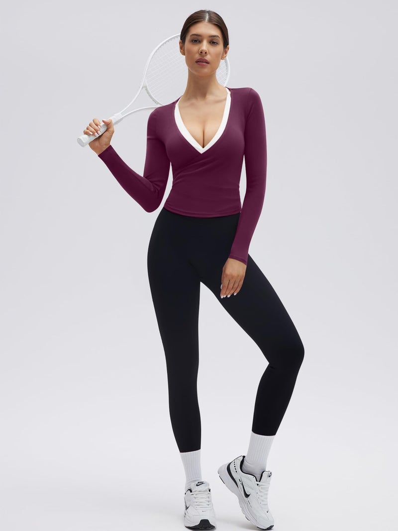 SUUKSESS Women Pilates Wrap Workout Cropped Top Ribbed Long Sleeve V Neck Tie Front Ballet Yoga Shrug Blouse(Purple,S) - Image 3