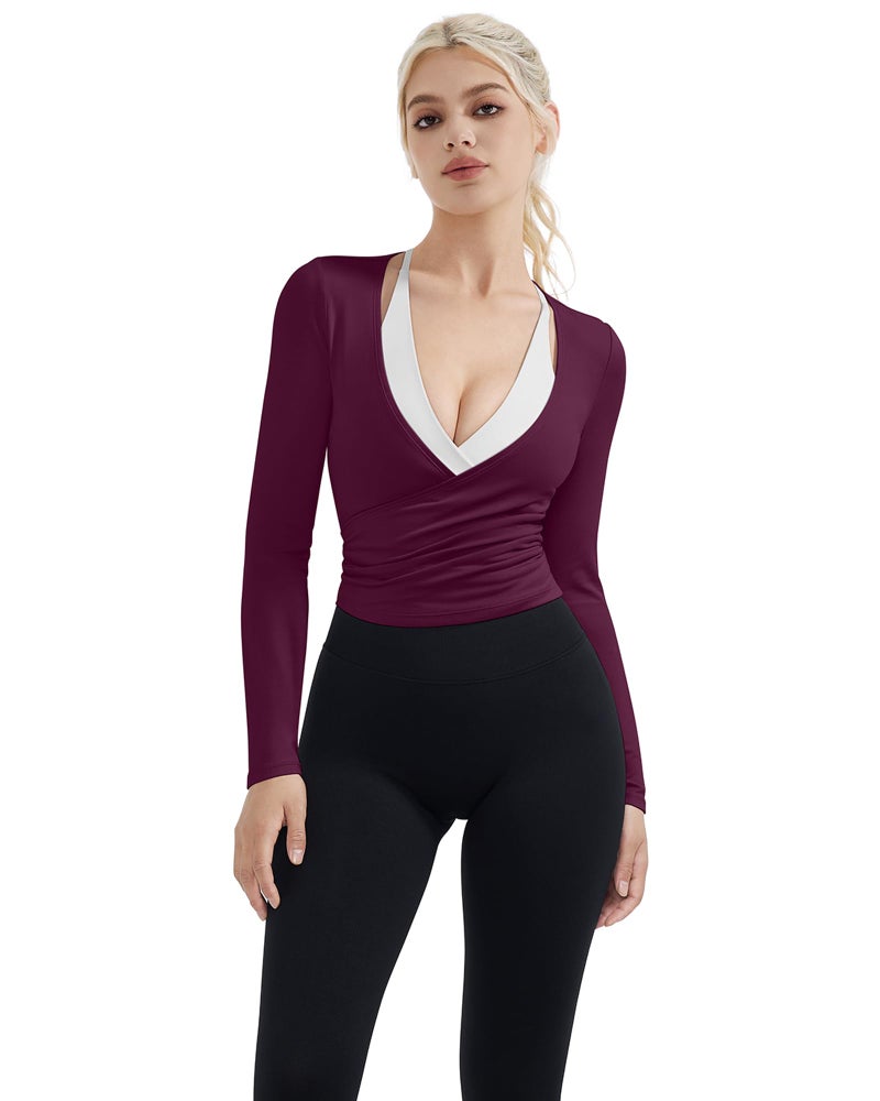 SUUKSESS Women Pilates Wrap Workout Cropped Top Ribbed Long Sleeve V Neck Tie Front Ballet Yoga Shrug Blouse(Purple,S) - Image 2