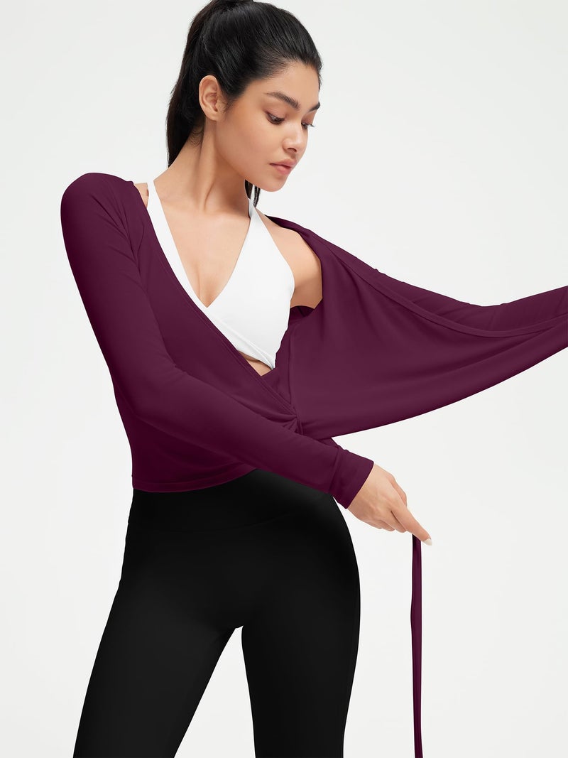SUUKSESS Women Pilates Wrap Workout Cropped Top Ribbed Long Sleeve V Neck Tie Front Ballet Yoga Shrug Blouse(Purple,S) - Image 5