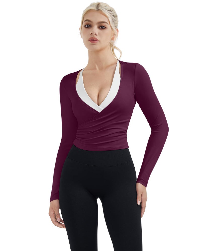 SUUKSESS Women Pilates Wrap Workout Cropped Top Ribbed Long Sleeve V Neck Tie Front Ballet Yoga Shrug Blouse(Purple,S) - Image 1