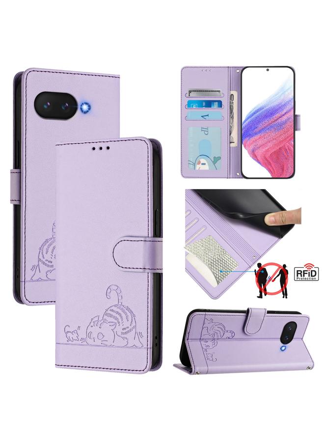 S-TOP Case For Google Pixel 9a Cat Rat Embossed Pattern RFID Leather Phone Case with Lanyard - Image 1