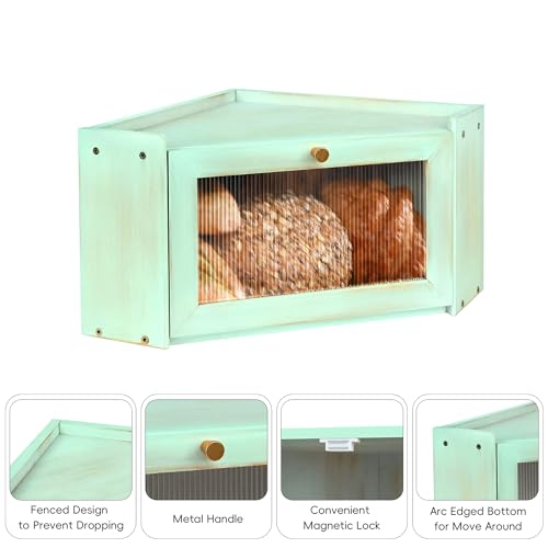 Ollieroo Vintage Coner Bread Box for Kitchen Countertop, Bamboo Bread Storage Container, Breadbox for Homemade Bread, Large Capacity Bread Bin(Green) - Image 5