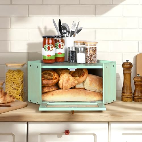 Ollieroo Vintage Coner Bread Box for Kitchen Countertop, Bamboo Bread Storage Container, Breadbox for Homemade Bread, Large Capacity Bread Bin(Green) - Image 4