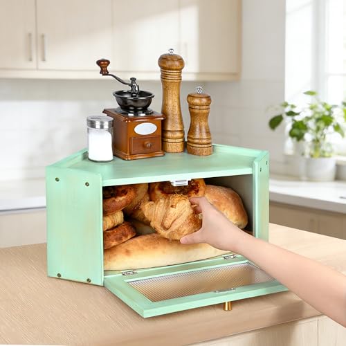 Ollieroo Vintage Coner Bread Box for Kitchen Countertop, Bamboo Bread Storage Container, Breadbox for Homemade Bread, Large Capacity Bread Bin(Green) - Image 2