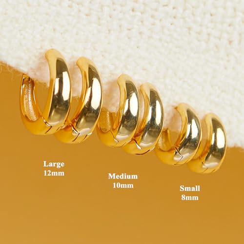 Poxtex Small 14K Gold Plated Huggie Hoop Earrings Set for Women, Hypoallergenic Trendy Chunky Hoops for Multiple Piercings, Dainty Cute Lightweight Cartilage Jewelry Gift for Sensitive Ears 8/10/12mm - Image 5