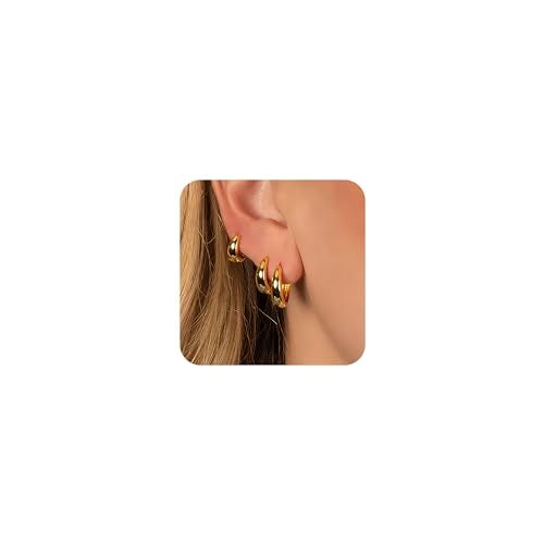 Poxtex Small 14K Gold Plated Huggie Hoop Earrings Set for Women, Hypoallergenic Trendy Chunky Hoops for Multiple Piercings, Dainty Cute Lightweight Cartilage Jewelry Gift for Sensitive Ears 8/10/12mm - Image 1
