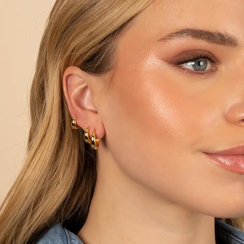 Poxtex Small 14K Gold Plated Huggie Hoop Earrings Set for Women, Hypoallergenic Trendy Chunky Hoops for Multiple Piercings, Dainty Cute Lightweight Cartilage Jewelry Gift for Sensitive Ears 8/10/12mm - Image 2