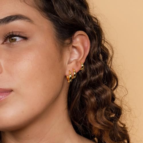 Poxtex Small 14K Gold Plated Huggie Hoop Earrings Set for Women, Hypoallergenic Trendy Chunky Hoops for Multiple Piercings, Dainty Cute Lightweight Cartilage Jewelry Gift for Sensitive Ears 8/10/12mm - Image 3