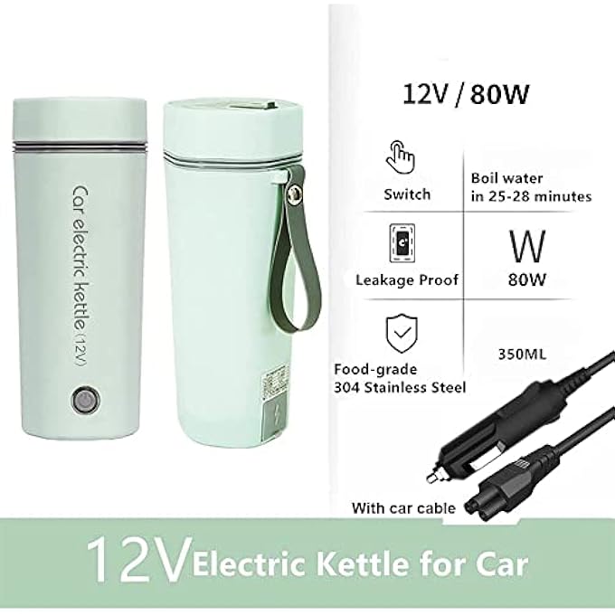 MAKINGTEC Car Portable Travel Electric Cup 12V7A 80W 350Ml Heating Capacity Electric Tea Coffee Kettle For 12V Car 450Ml 304 Stainless Steel Liner Heating Temperature Up To 100C AutoShutOff Green - Image 4