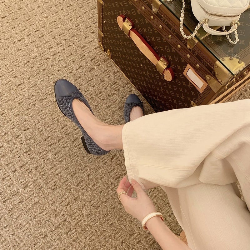 Sheepskin Version ~ Grape Mom'S Same Style Work Clothing Sweet Girl Splicing Small Round Toe Bow Low Heel Small Fragrant Flats - Image 3